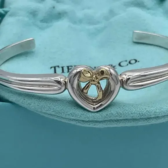 Tiffany & Co Sterling Silver and 18K Yellow Gold Heart Bow Ribbon Cuff Bracelet